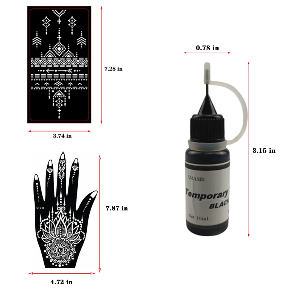 12 Sheets Temporary Henna Tatto+ 3 Bottles10ml Juice Ink Natural Organic Fruit Gel For Body Drawing,Safe Waterproof DIY Tattoo