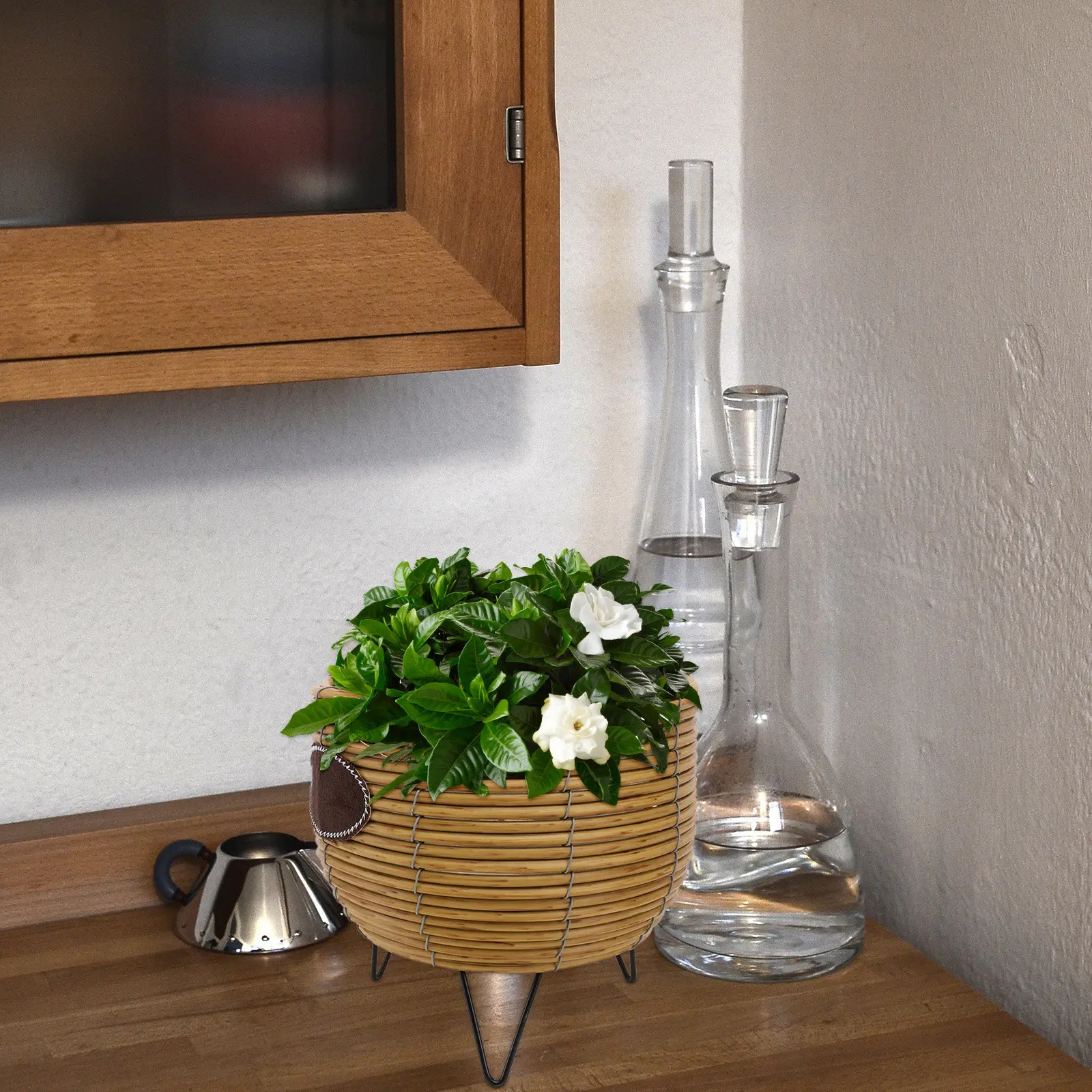 1Pcs Rattan Flower Pot Khaki Premium Woven Design Flower Arrangement Pot Desktop Green Plant Holder Stylish Sturdy Decorative