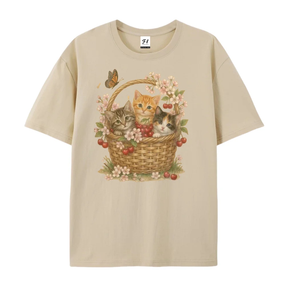 Women T Shirt Cute Kittens In Basket Cherry Butterfly Graphic Tee Vintage Floral Animal Casual Summer Ladies Short Sleeve Tops