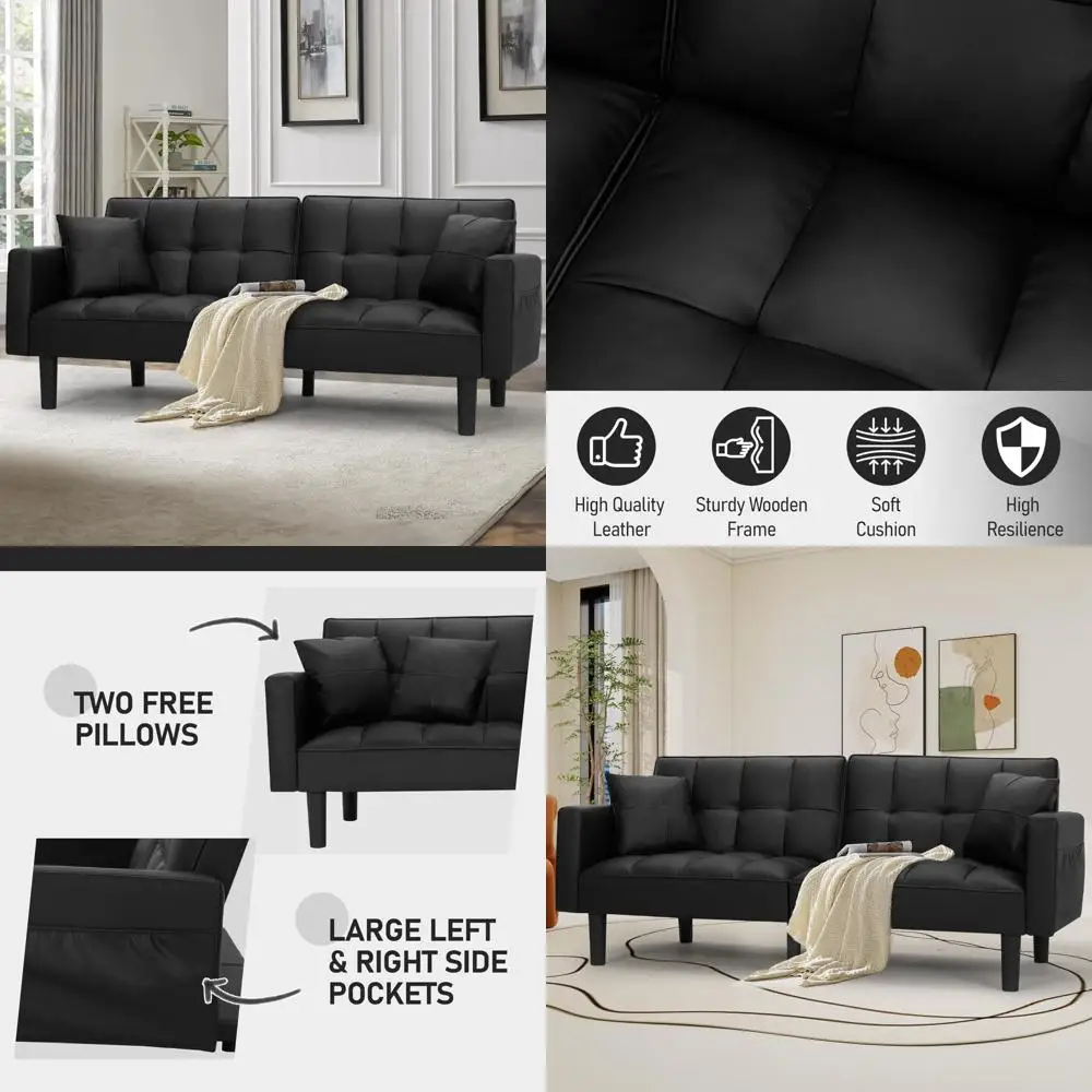 

Modern Leather Futon Sofa Bed, Convertible Upholstered Sleeper Couch with Adjustable Back and Arms, High Strength Nylon