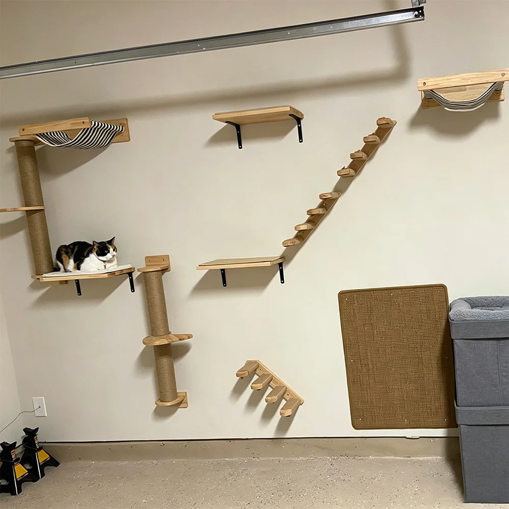 Centro de actividades de madera para gatos – Rascador, hamaca y escalada en pared - imagen 4