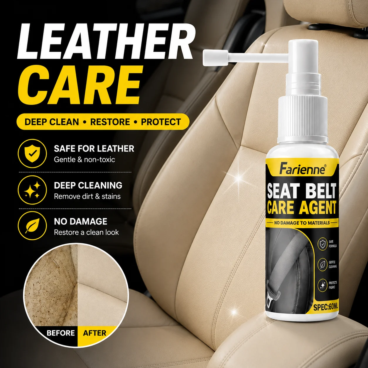 Seat Belt Cleaner Car Interior Foam Spray Leather Fabric Safe 60ml Deep Cleaning Odor Remover For Steering Wheel Dashboard