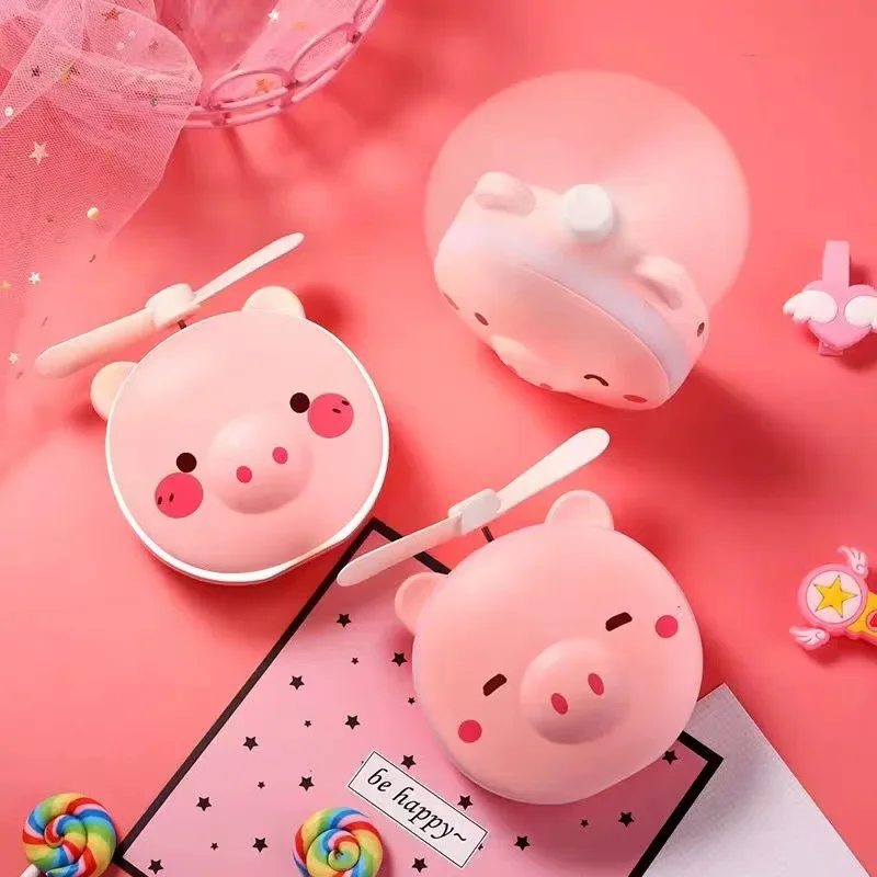 น่ารัก Piggy แต่งหน้ากระจกพัดลมมือถือขนาดเล็กพร้อมไฟ LED กระจกเครื่องสําอางพร้อมพัดลมขนาดเล็กสาว Travle พัดลมพกพา