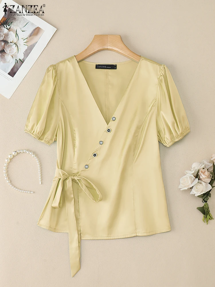 

ZANZEA Fashion Shiny Satin Blouses Women Elegant Tie-Front Wrapped V-Neck Blusas Mujer Streetwear 2025 Summer Party Solid Tops
