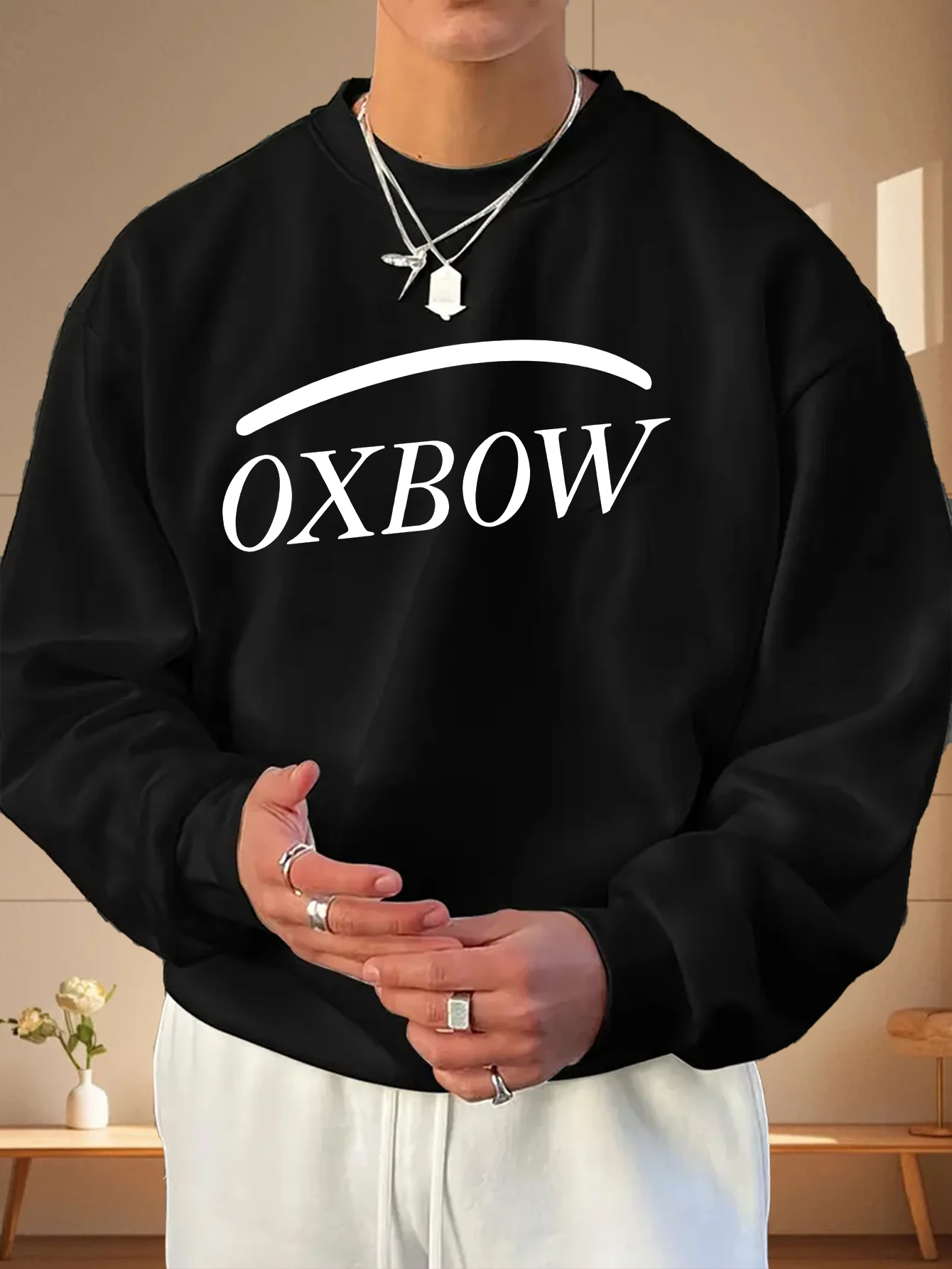 

Men's Oversized Black Crewneck Sweatshirt with White Oxbow Graphic Print - Relaxed Fit Casual Pullover