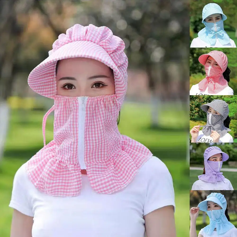 Outdoor Visor Mask One Lattice Summer Breathable Mask Face Dust UV Riding Mountain Face Mask Neck Zipper Design Sunshade Hat