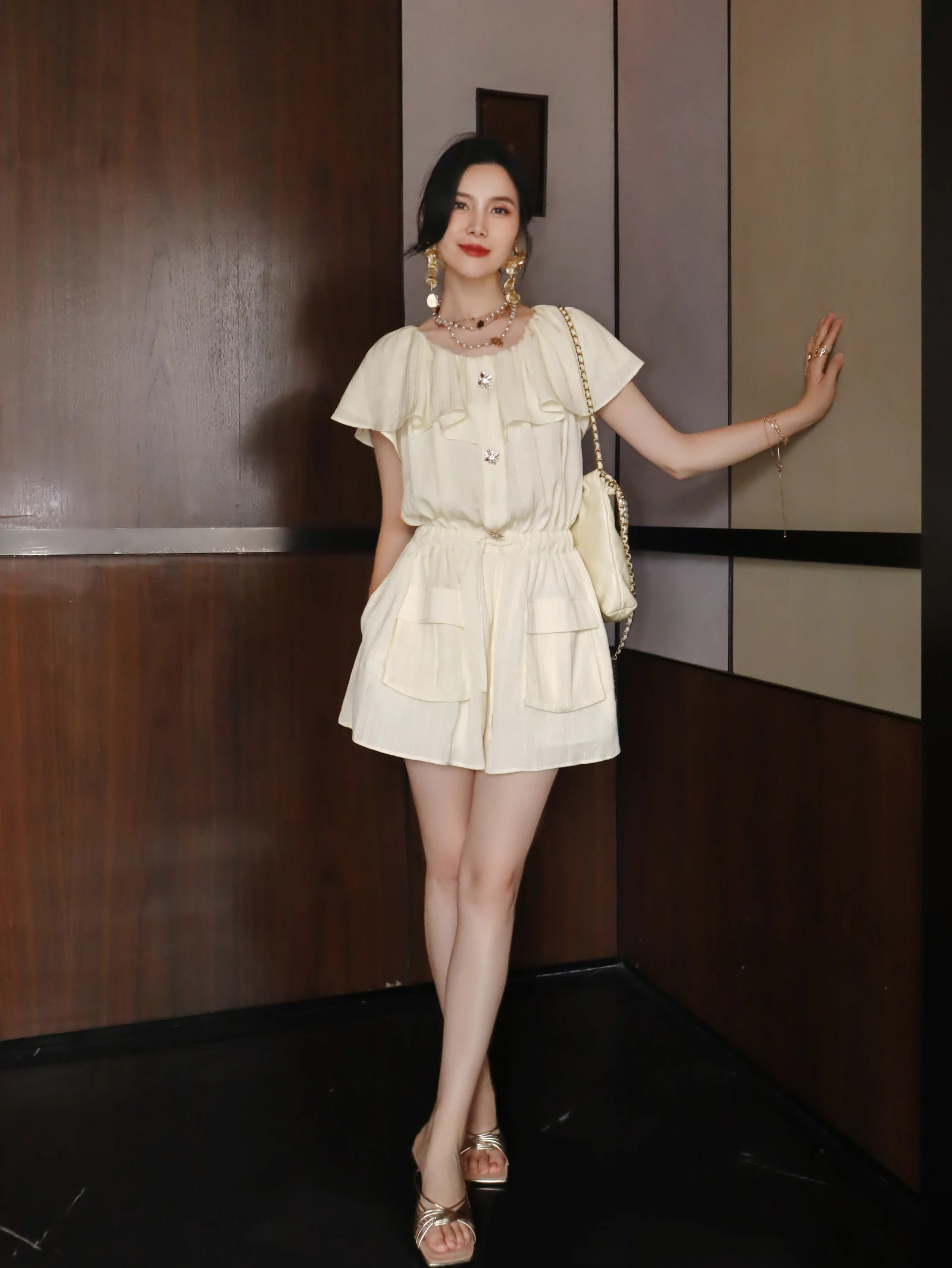 

Shiny Thread One-Shoulder Two-Way Design Miniature Elegant Lady's Lace Trim Romper Short Pants Polyester Fiber