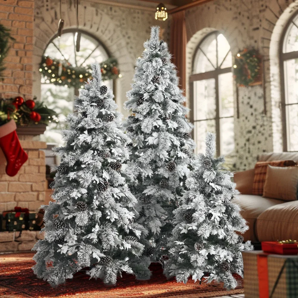 

Pre Lit Spruce Snowflake Christmas Tree Set with Pine Cones, PE PVC Mixed Leaves, Artificial Hinge Christmas Tree, with Lights