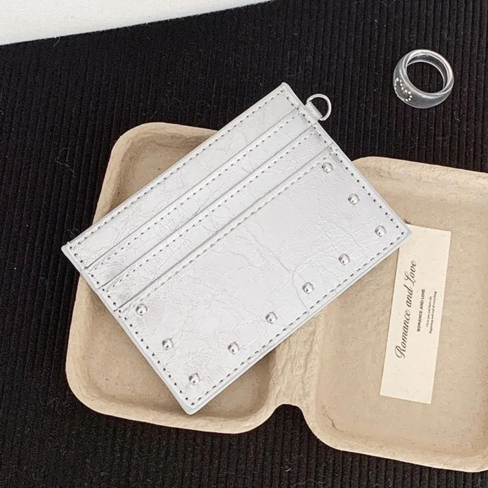 Compact Ultra Thin Cracked Leather Card Wallet Multiple Slots PU Rivet Card Holder Solid Color Mini Size Coin Purse Travel