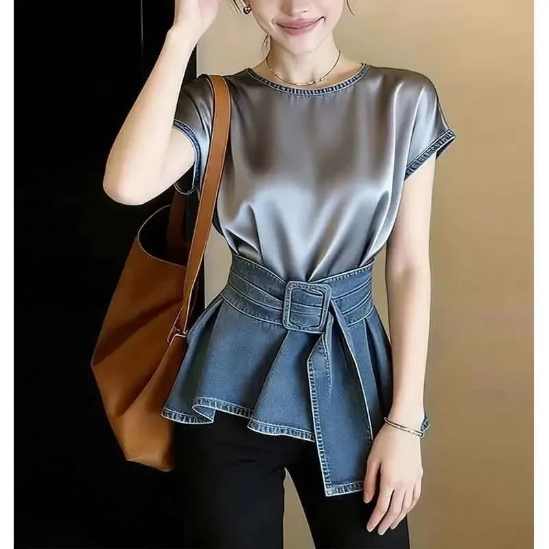 

Fashionable Retro Patchwork Denim Lace Up Shirt Women's Shirt Blouse Round Neck Summer Korean Style Short Sleeves Shirt Top