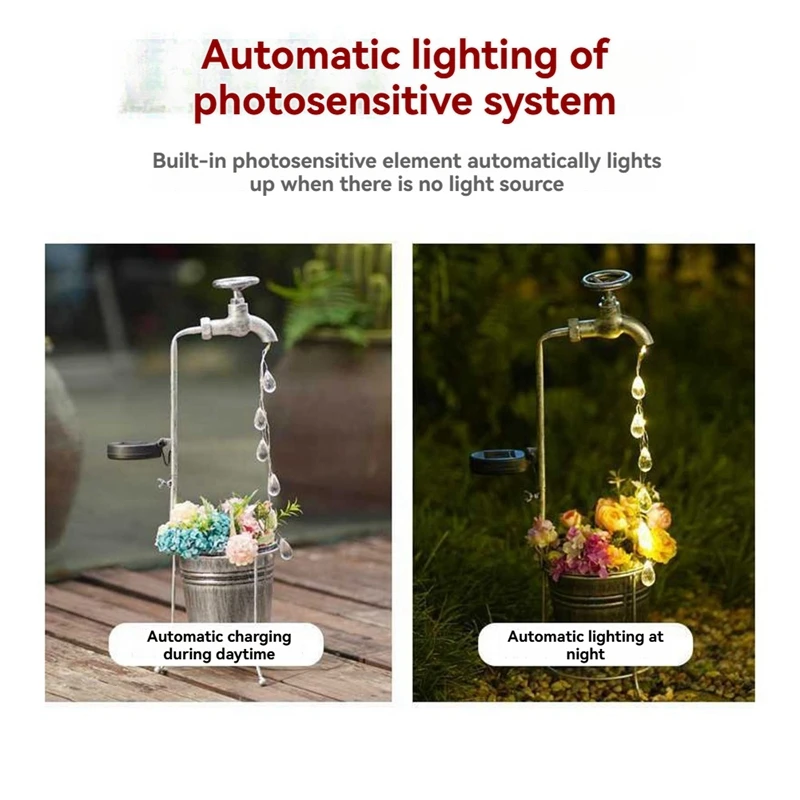 Solar Powered Water Faucet Lights Waterproof LED Planter Lamp For Patio Pathway Walkway Lawn Garden