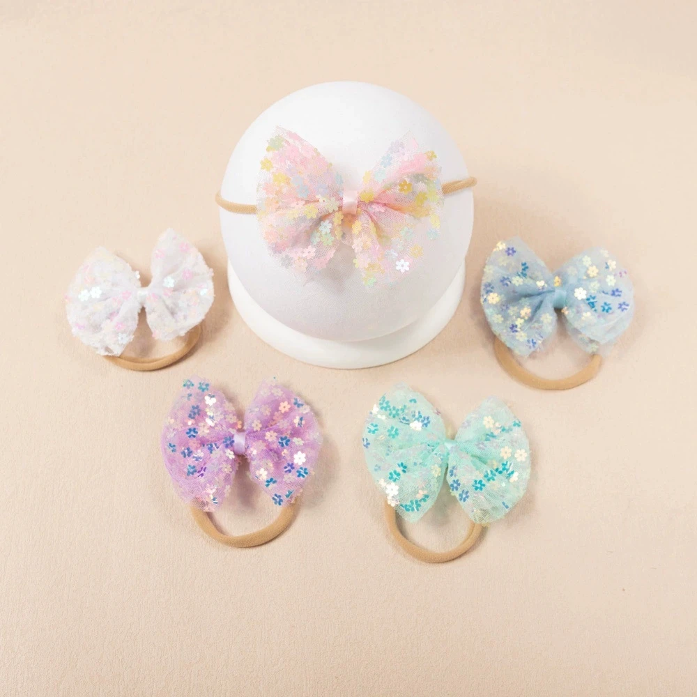 

5 шт./лот, модная сетчатая детская повязка на голову с блестками для девочек с очаровательными бантами, детские ленты для волос для стильных головных уборов, реквизит для фотографий