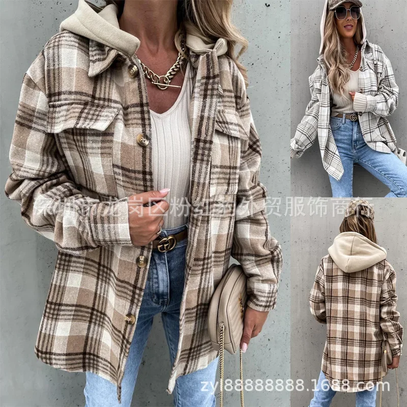 

Autumn Winter Tweed Plaid Coat Vintage Hooded Jacket Single Breasted Harajuku Outerwear Long Sleeve Tops Streetwear Design Trend