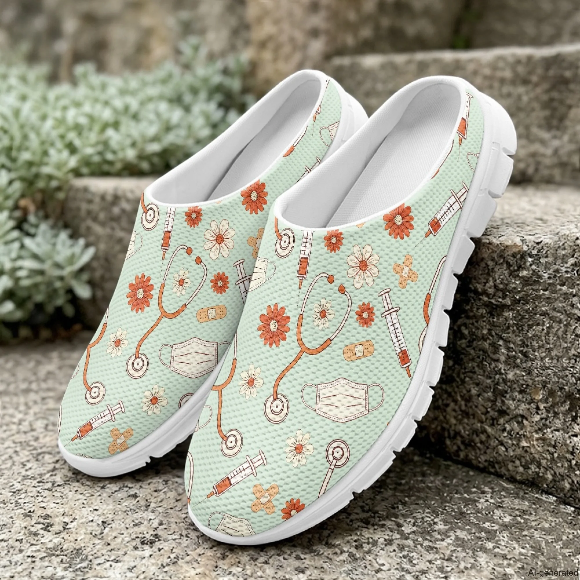 XIXIRIMIDO Casual Shoes Medical Pattern Nurse Shoes Versatile Sports Women's Slippers Breathable Mesh Men's Walking Shoes 35-48