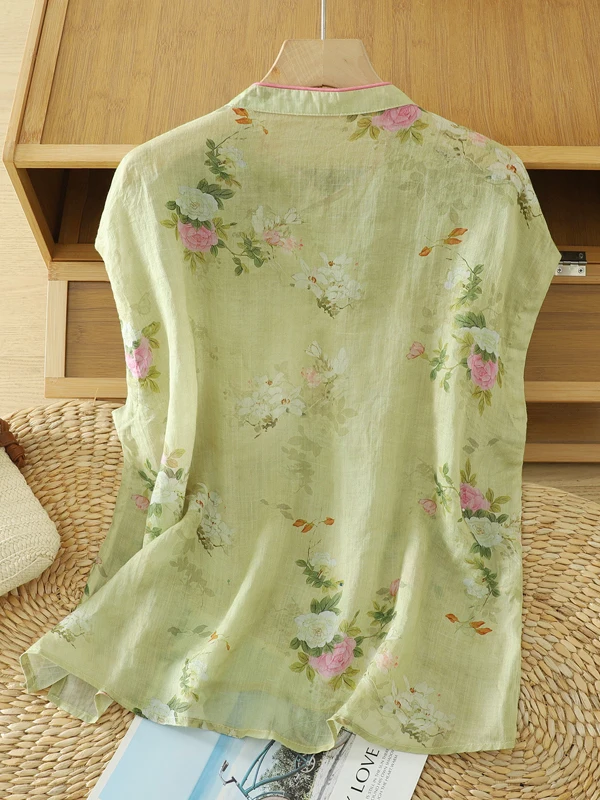 Retro Print Linen Sleeveless Shirt Women's New Chinese Style National Wind Oblique Collar Button Stand Collar Cotton Linen Ch...