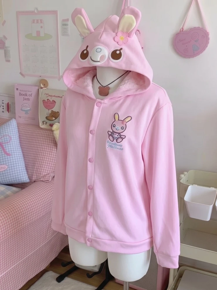 Japanische Nette Mantel Stickerei Kaninchen Ohr Mit Kapuze Subkultur Kawaii Y2k Tops Casual Mode Süße Mäntel Ropa Mujer Frauen Kleidung