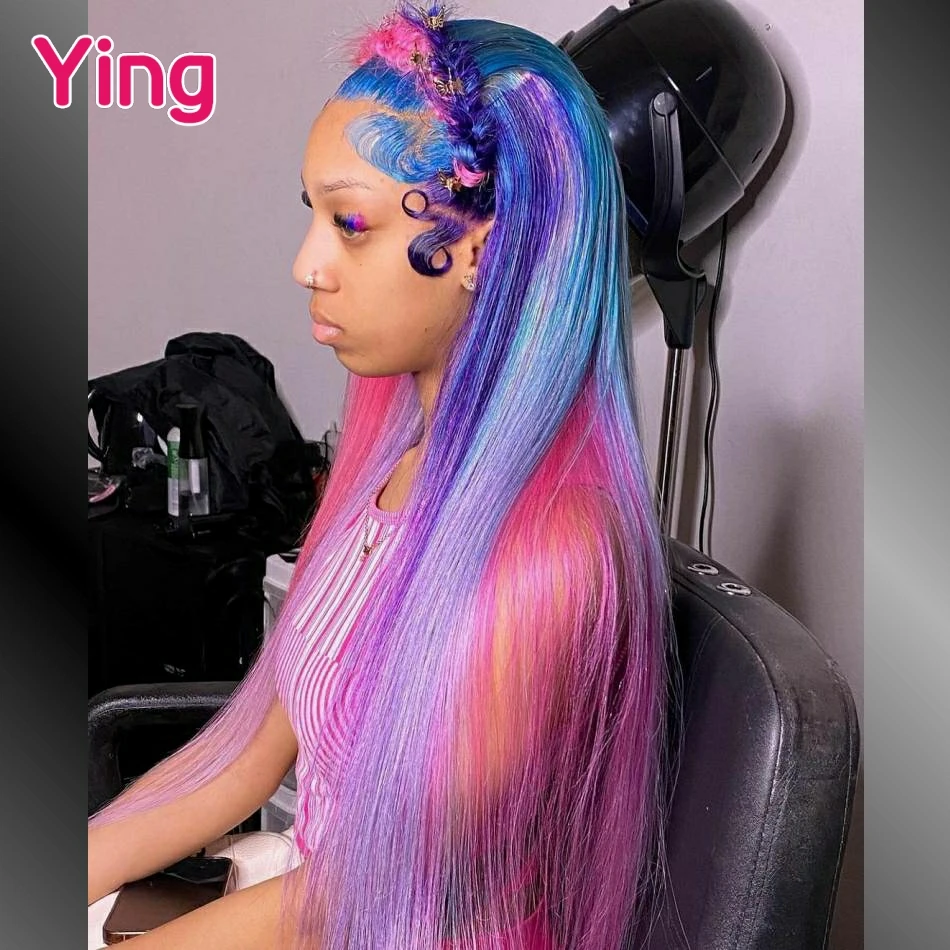 

Ying Highlight Pink Purple Blue Colored 13x6 Lace Front Wig Bone Straight Human Hair Wigs Pre Plucked 5x5 Lace Closure Wig