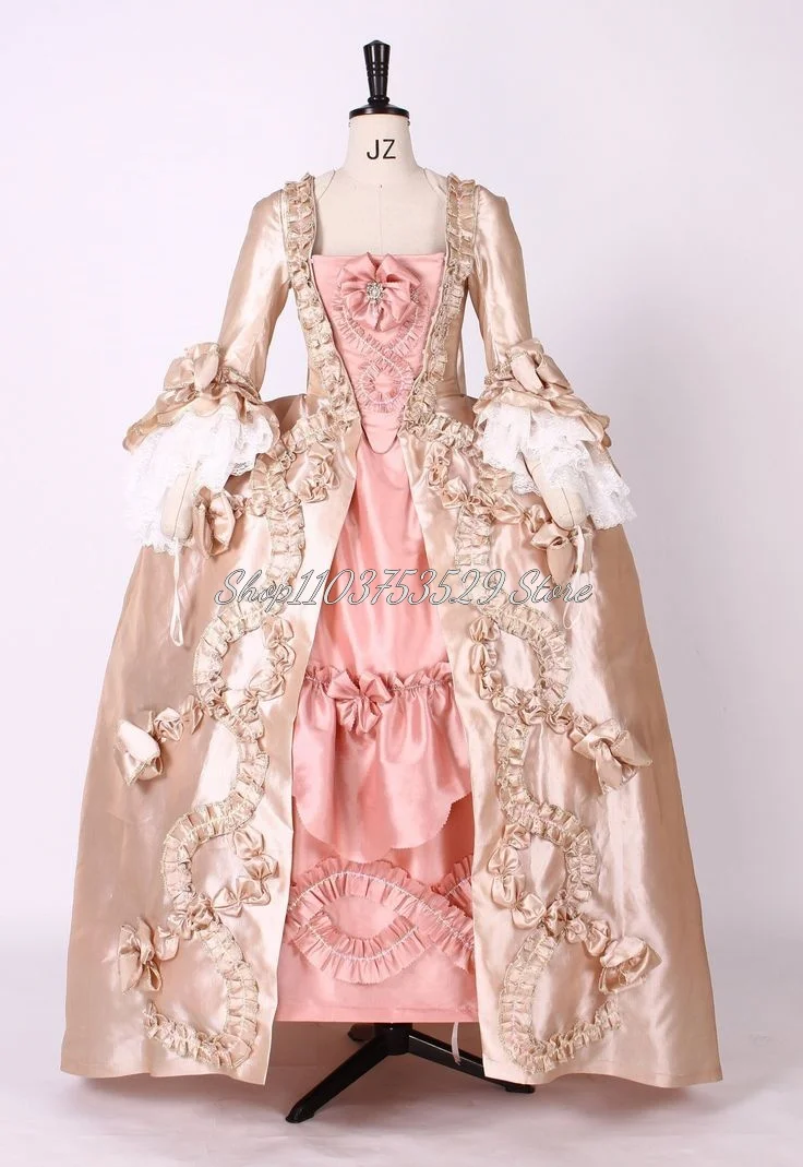 Medieval Europe Marie Antoinette Style Pink Role Play Prom Dress Lace Ruffles Flared Long Sleeve Gowns A-Line Puffy Ball Gowns