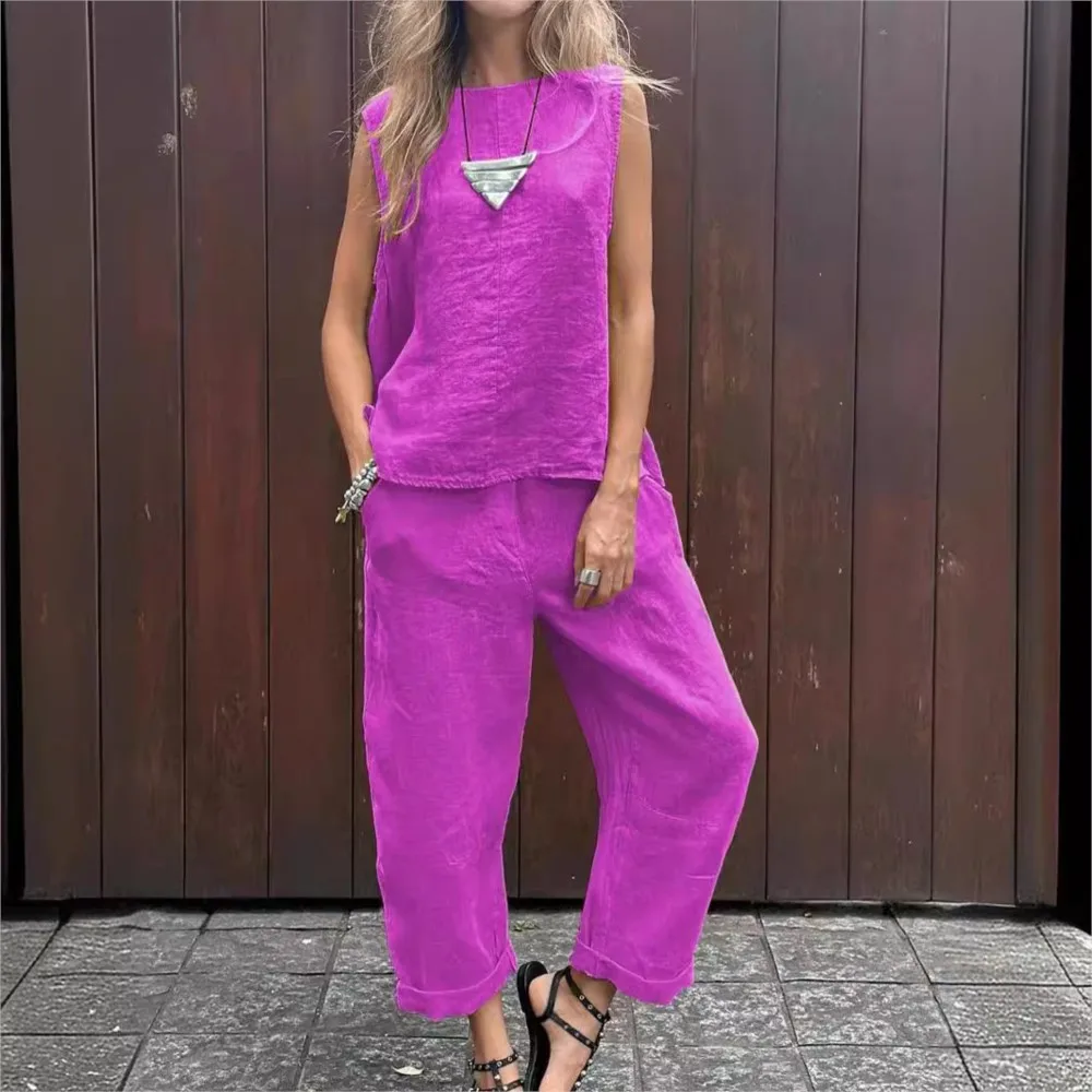 Primavera novedad de verano Color sólido sin mangas de algodón y lino traje de mujer Simple bolsillo de moda Casual pantalones largos conjunto de 2