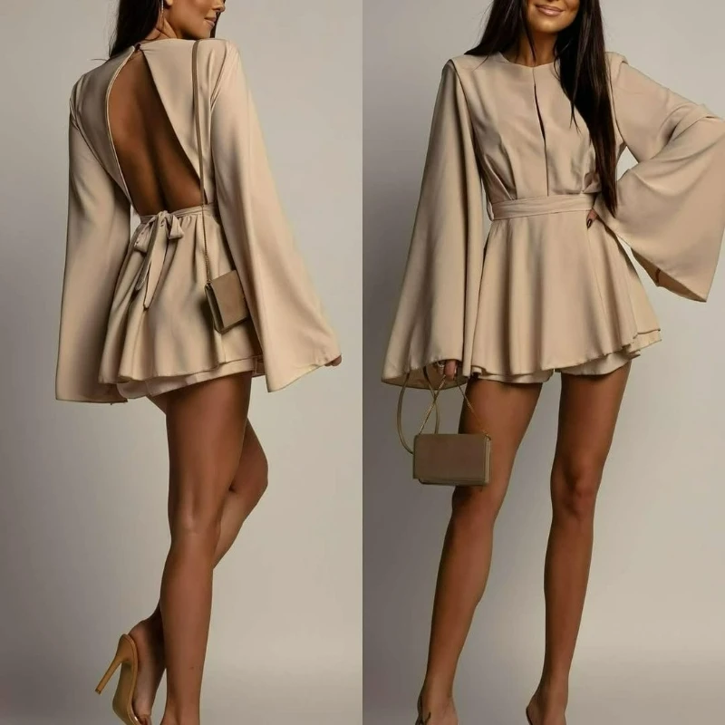 New Fashionable Elegant Refined Solid Color Backless Short Skirt Waist-cinching Slimming Dress for Women 2026 Spring and Autumn