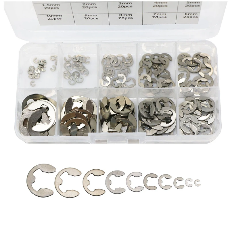 200 Pcs 304 Stainless Steel Opening Snap Ring,E-Clip External Retaining Circlip Assortment Kit