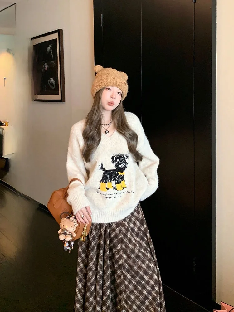 

Женский вязаный свитер Long Sve Jaet, свободный дизайн, осенне-зимняя футболка с v-образным вырезом, повседневная удобная дышащая верхняя одежда...