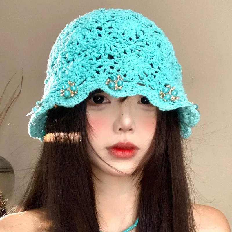 Mori Fresh Lake Blue Hand-crocheted Hollow Flower Bucket Hats for Women Summer Travel Breathable Versatile Sweet Pullover Cap