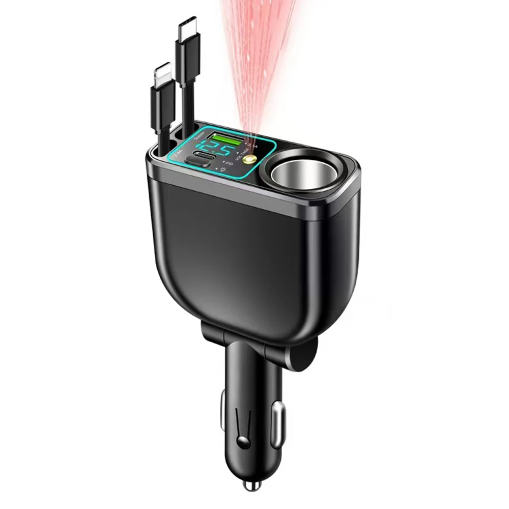 5in1 120W Autoladegerät Adapter Schnellladegerät USB Typ C Kabel mit einziehbaren Kabeln und Sternenlicht Multi-Auto-Zigarettenanzünder