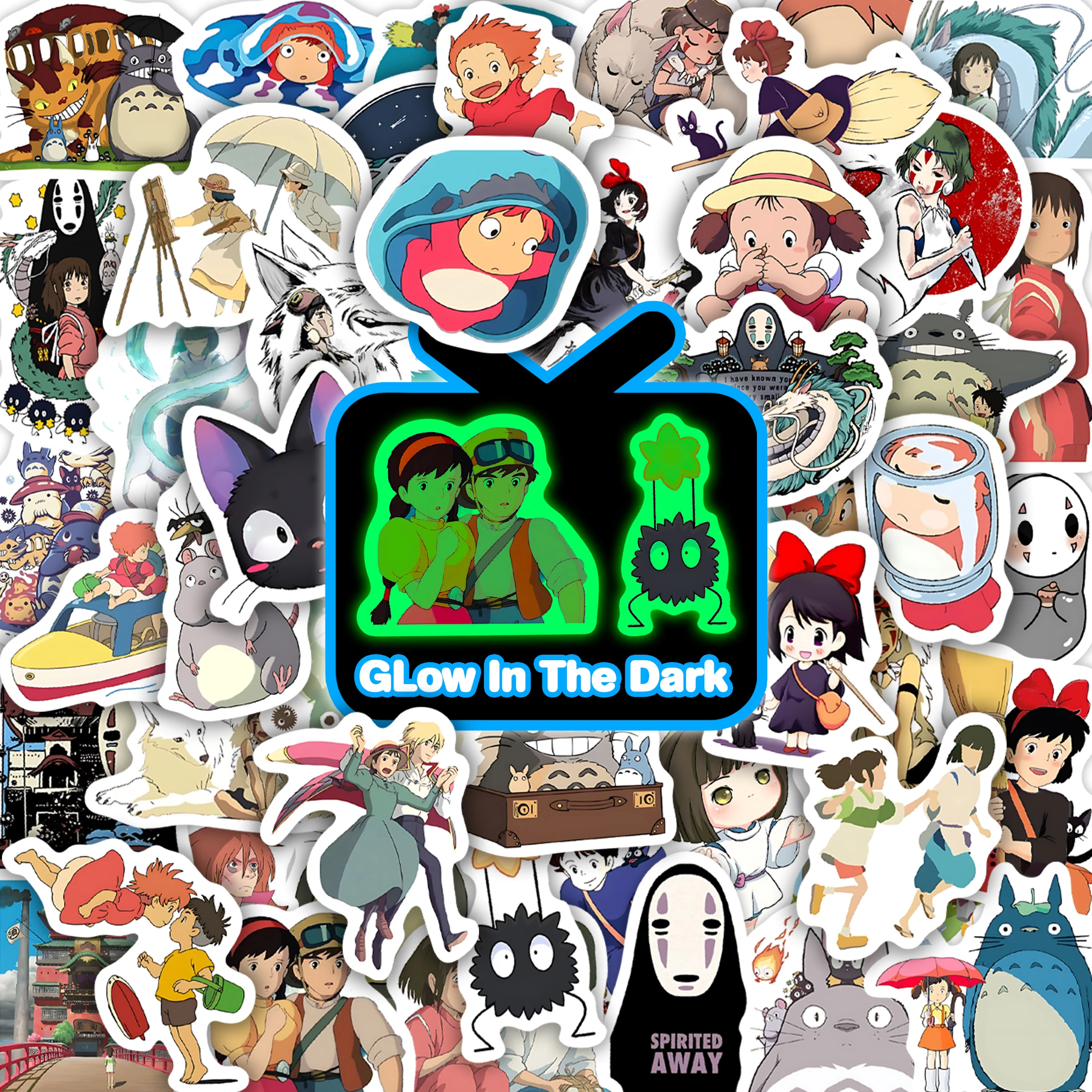 50Pcs Hayao Miyazaki Anime Glow in Dark Stickers Vinyl Waterproof Decals Skateboard Computer Decoration for Kids Teens DIY Gifts