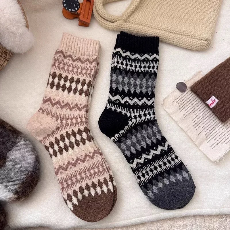 

1/5 пар ретро-стильных дышащих носков средней длины с противоскользящим покрытием, утепленных флисом, для весны и осени, повседневные шерстяные носки