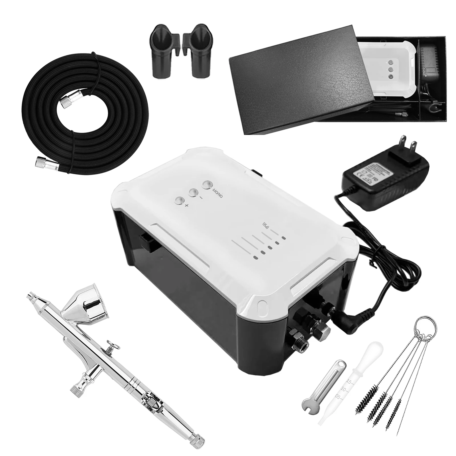 Airbrush Kit with Compressor - Dual Action Airbrush Set, 5 Adjustable PSI (25-55PSI), Dual Air Outlets, Auto Stop, Portable Air