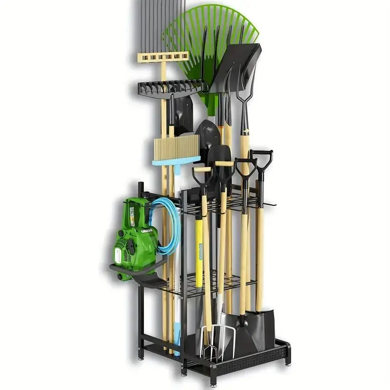 

Heavy Duty Metal Garden Tool Rack with Hooks - Vertical Storage for Shovels/Rakes/Brooms, Sturdy Base for Garage/Shed/Organizati