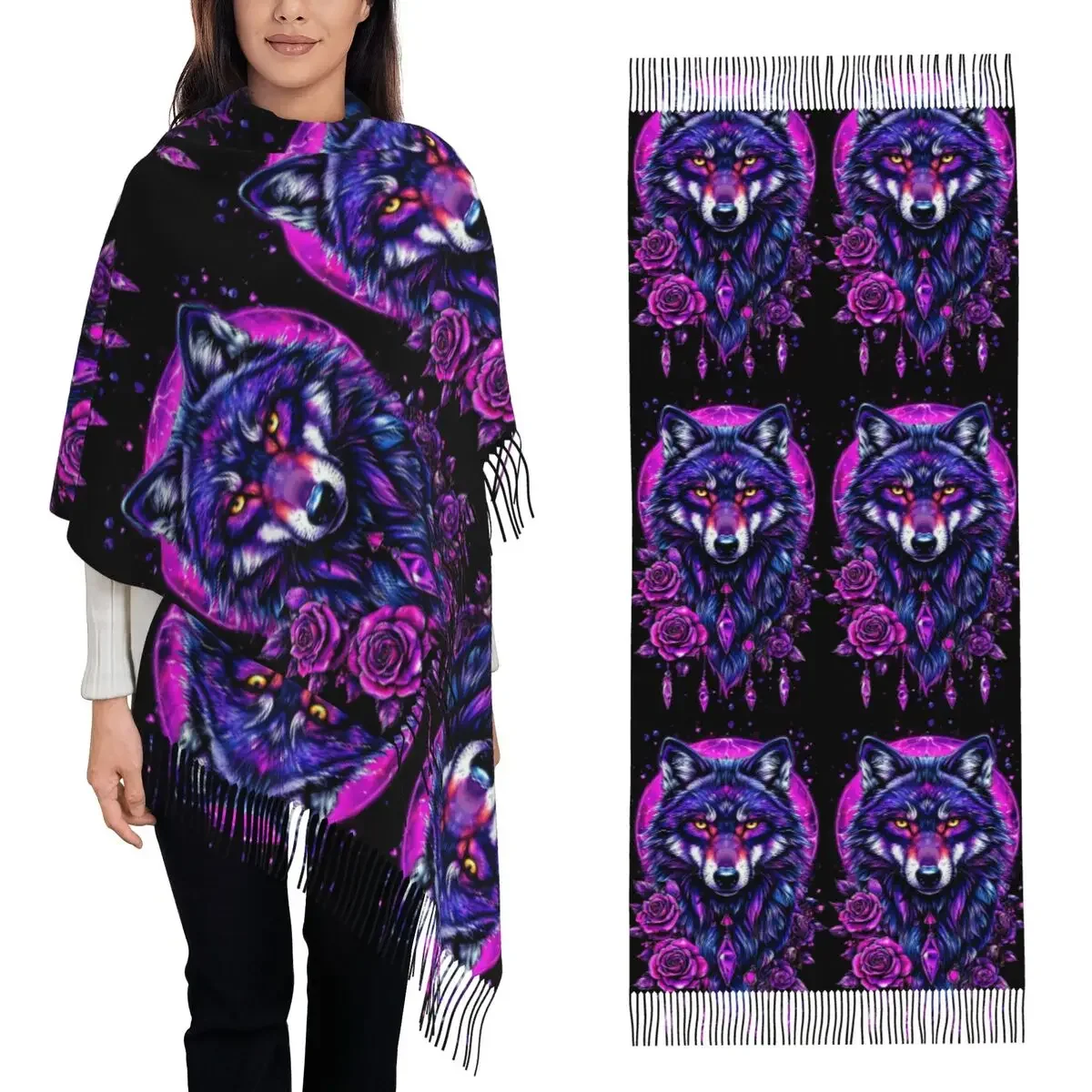Purple Mysterious Wolf Adorned Scarf Tassel Scarves Women Soft Warm Shawls and Wraps Large Fall Winter Shawl Wrap