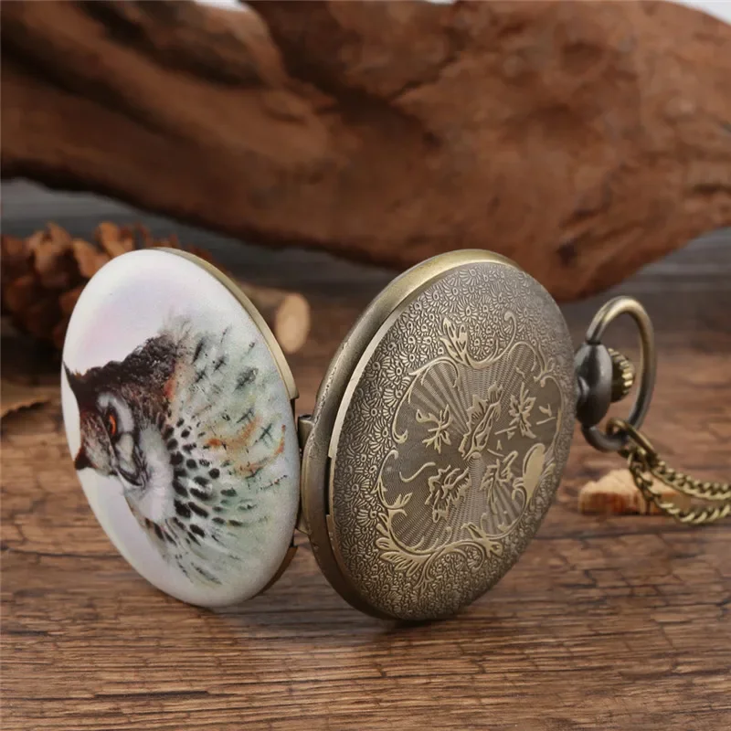 Bronze Style Printed Owl Full Hunter Men Women Necklace Chain Quartz Pocket Watch Arabic Number Display Antique Gift To Kid