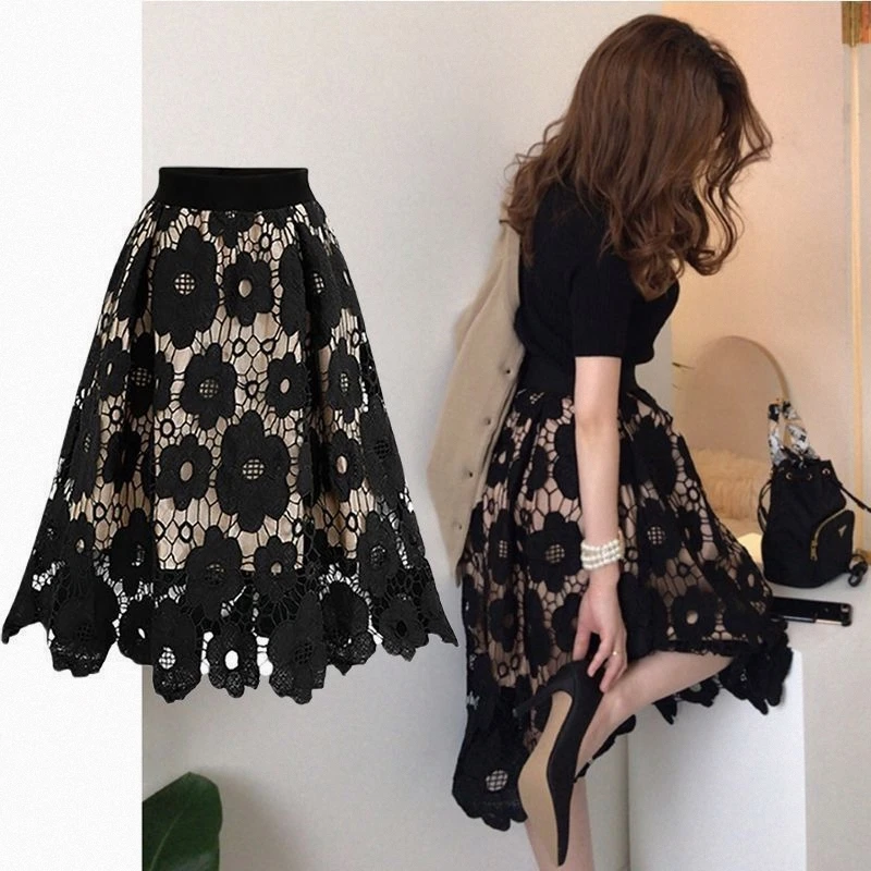 봄 가을 여성 패션 a 라인 스커트 높은 허리 미디 스커트를위한 탄성 허리가있는 우아한 다목적 레이스 하프 스커트