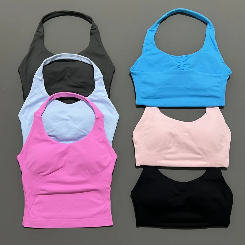 HISTELLO Impact Halter Top Seamless Longline Strappy Gym Top Women Built-in Bra Removable Cups Activewear Yoga Tank Tops image 2