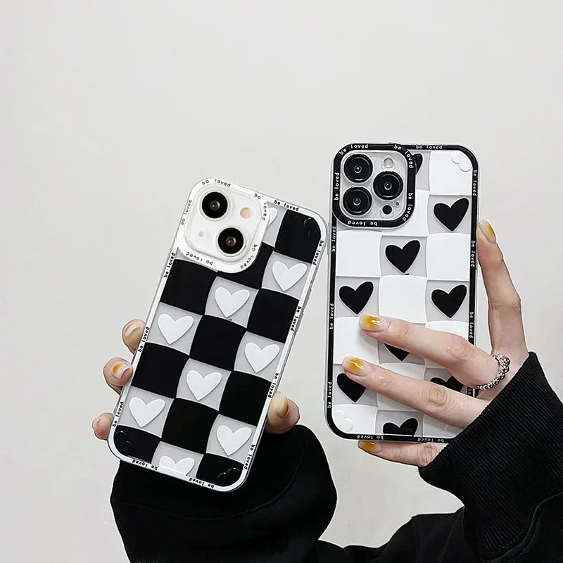 

Creativity Checkerboard Love Heart Soft Case For iPhone 11 12 13 Pro Max X XR XS Max Protection Back Cover