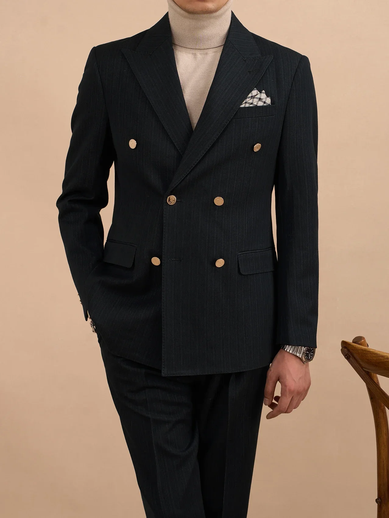 DP07 Terno trespassado Gentry Listrado Negócios Formal Banquete Neapolitan Blazer Casual