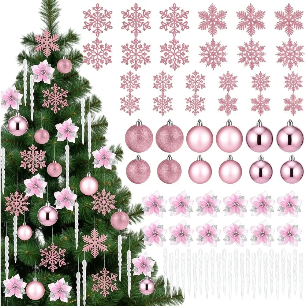 Conjunto de Enfeites para Árvore de Natal Rosa com Bolas, Flocos de Neve, Flores de Poinsétia e Cristais de Gelo para Decoração de Natal, Festa de Ano Novo e Feriados.