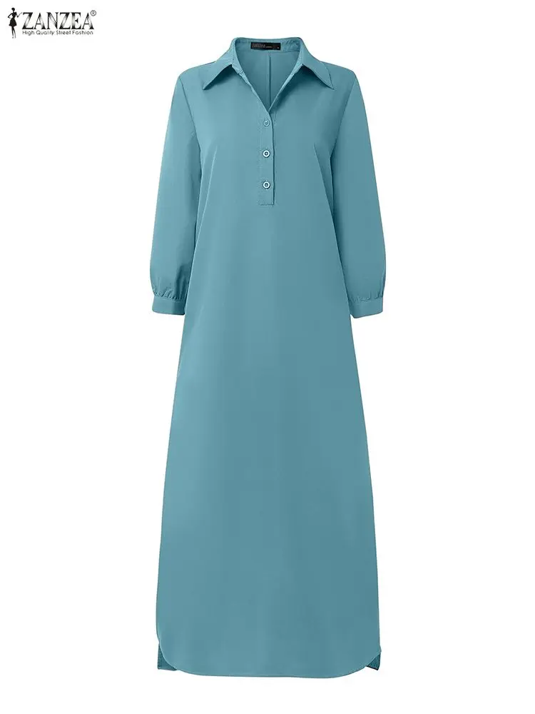 ZANZEA 우아한 패션 롱 셔츠 드레스 여성 패션 맥시 선드레스 2025 긴 소매 버튼 솔리드 파티 드레스 휴가 로브