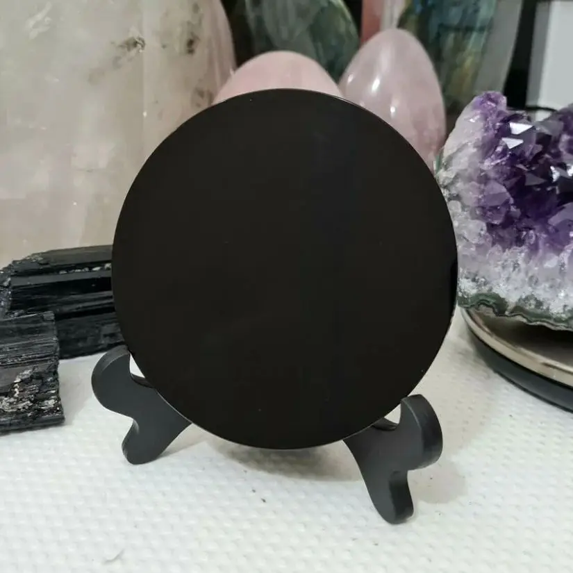 

High Quality Natural Black Obsidian Scrying Mirror Healing Crystals Stone Round Plate Witchcraft Mirror Home Decor