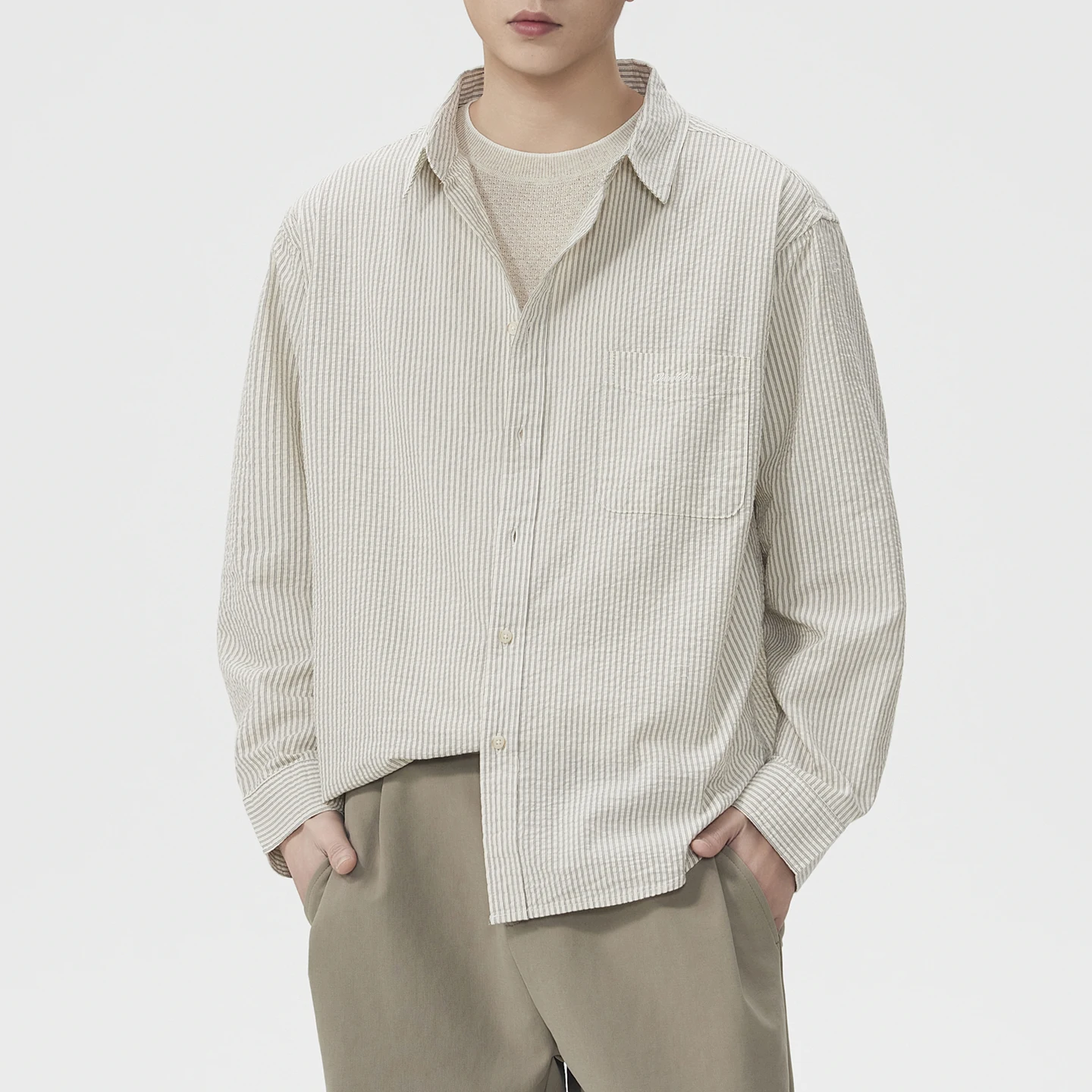 

Рубашка из чистого хлопка с эффектом сирсакер для мужчин, модная винтажная повседневная свободная рубашка с длинным рукавом в полоску, мужская и женская парная рубашка-блузка