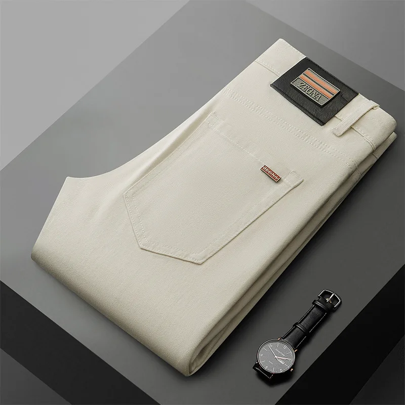 Light Luxury Men's Beige Embossed Jeans Men Slim Slim Straight Trousers Leg Spring and Summer Casual Business Pants