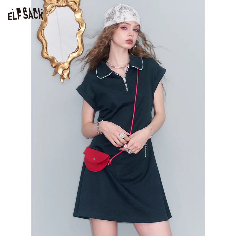 

ELFSACK 2025 Summer New Arrival Casual Basic Polo Neck Dress Pleated Waist Clash Color Short Women's Dress