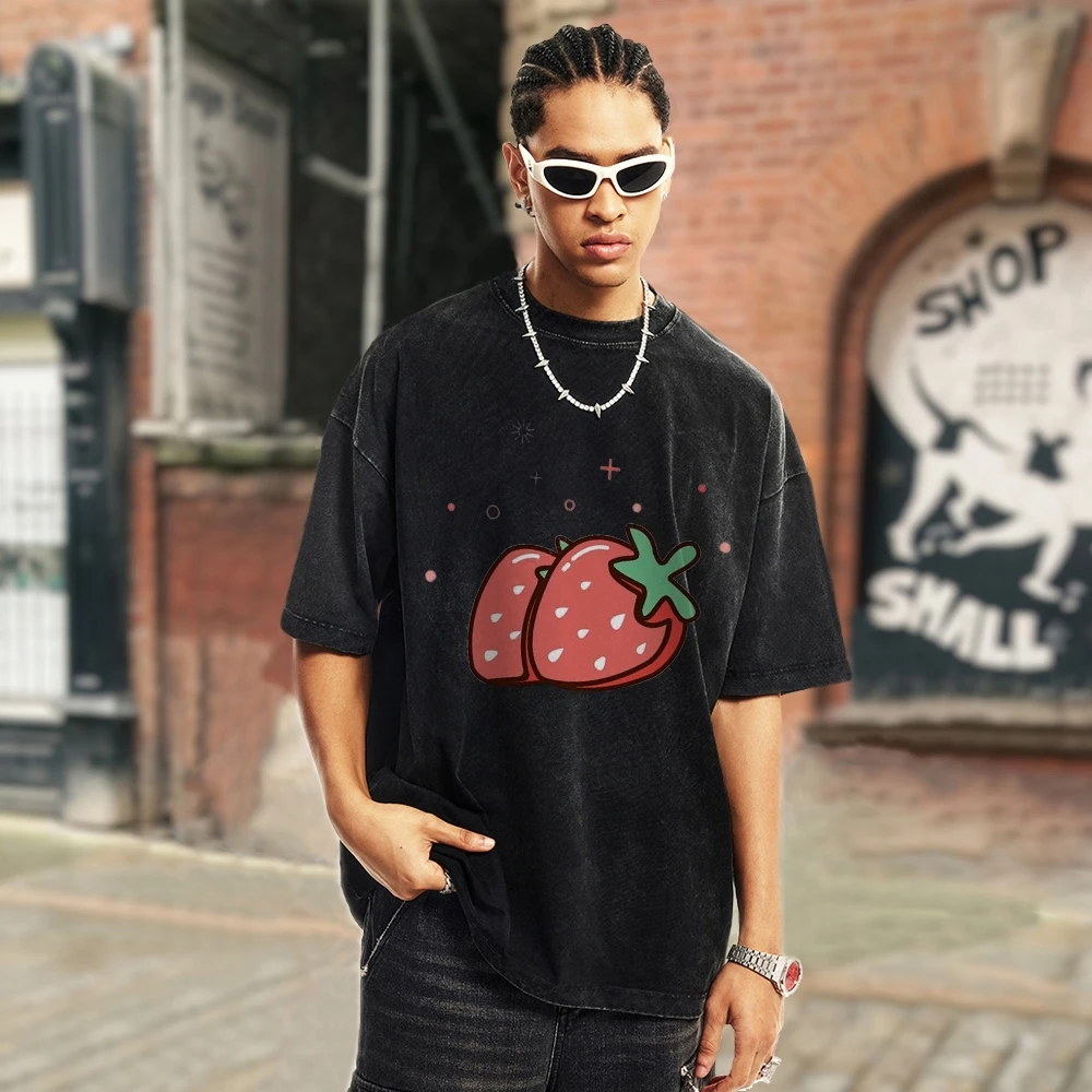 

Y2K Style Round Neck Shirts Washed T-shirt Red Strawberry Print Top Summer Clothes Women 2024 Vintage Unisex Short Sleeve