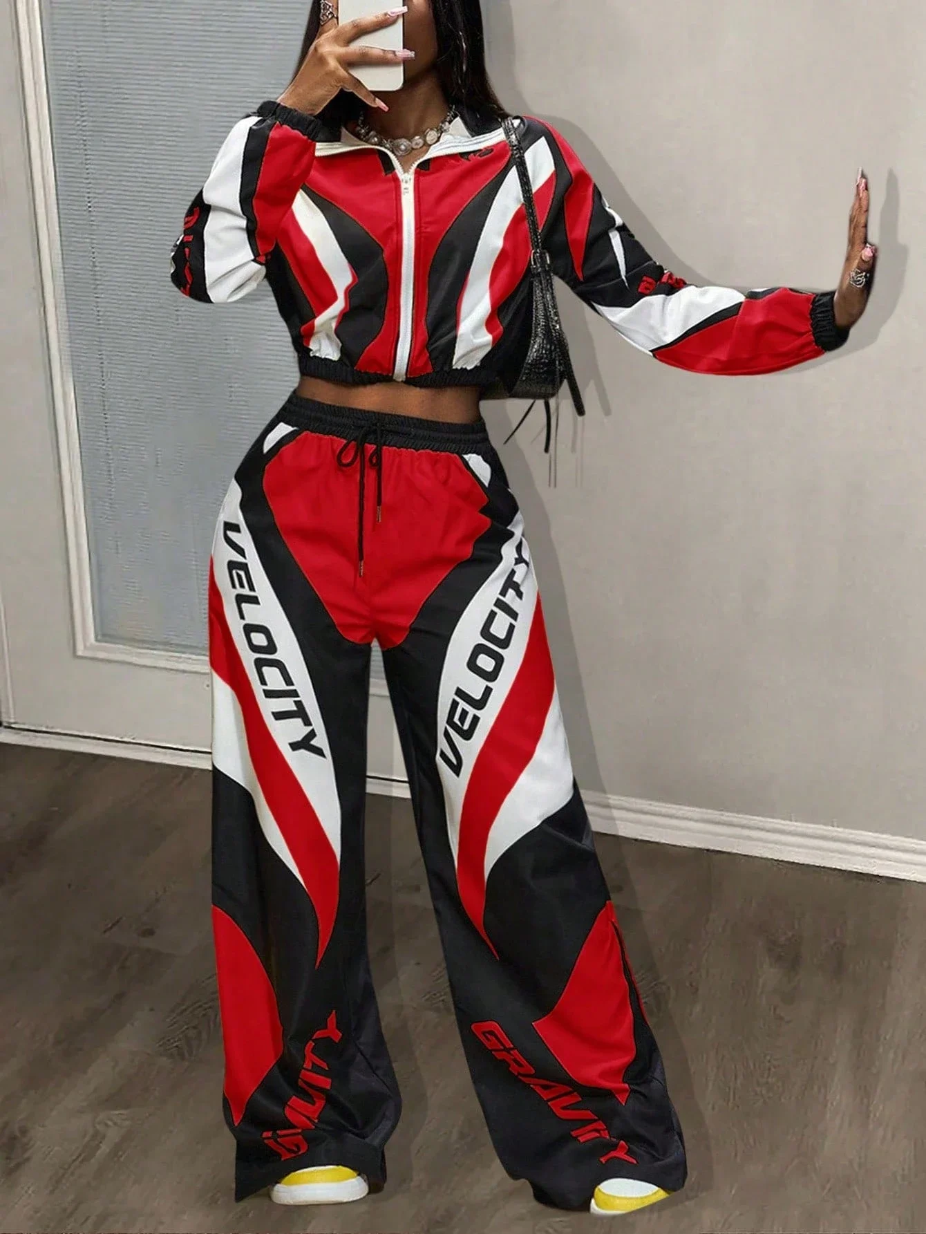 

Women's Red Black White Racing Style 2-Piece Set Crop Jacket And Wide Leg Pants Streetwear