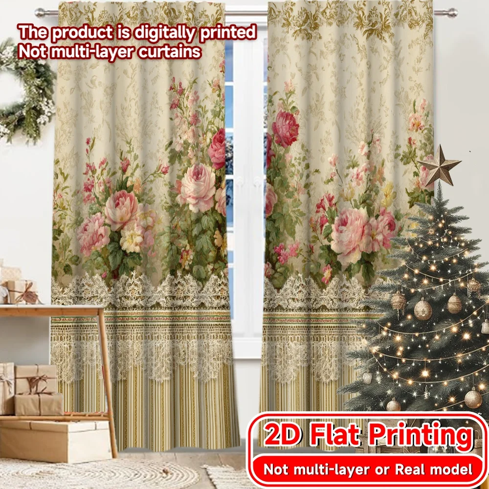 2D Flat Printing,2pcs Floral Elegance Popular Print Curtains Yarn Curtains Outdoor Decorations Suitable for Semi-Transparent