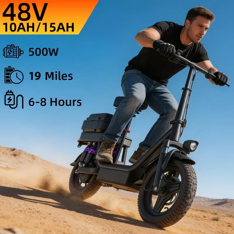 UPLEE Adult Electric Bike 500W Peak Motor 48V 15AH Electric Scooter 14 Inch Fat Tire Full Shock Foldable with Trunk E Bike image 5