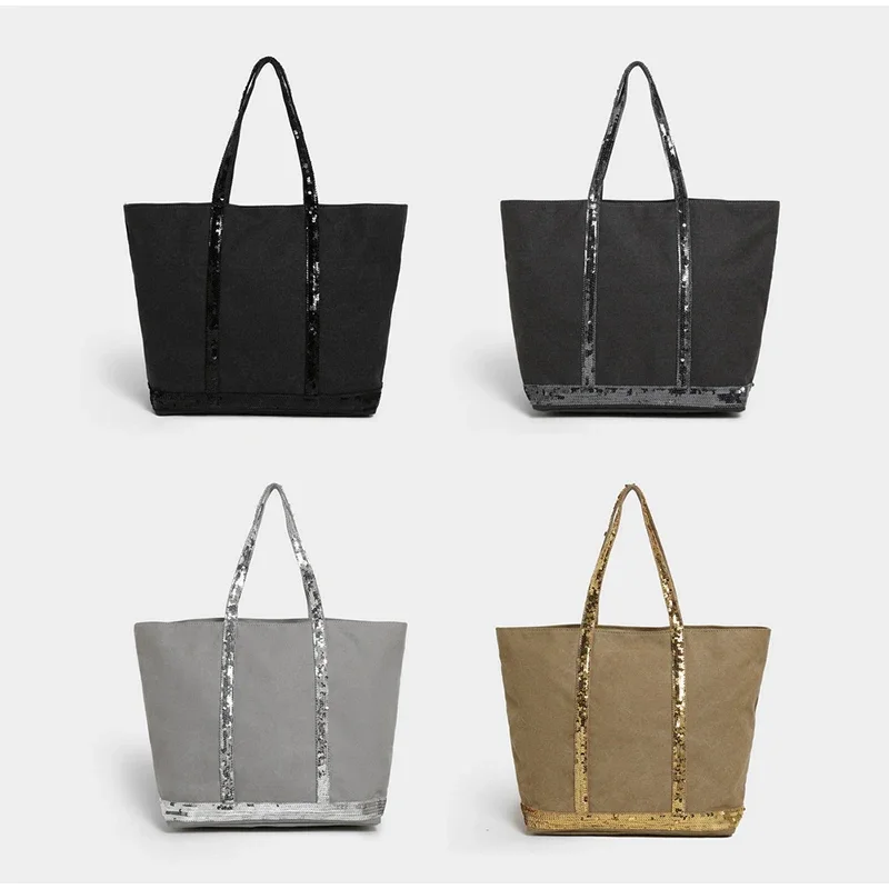 Pailletten-Canvas-Einkaufstasche mit Reißverschluss, große Kapazität, Vintage-Kontrastfarbe, Damen-Umhängetasche, Designer-Pendler-Alltagshandtasche, Schwarz – Detail 12