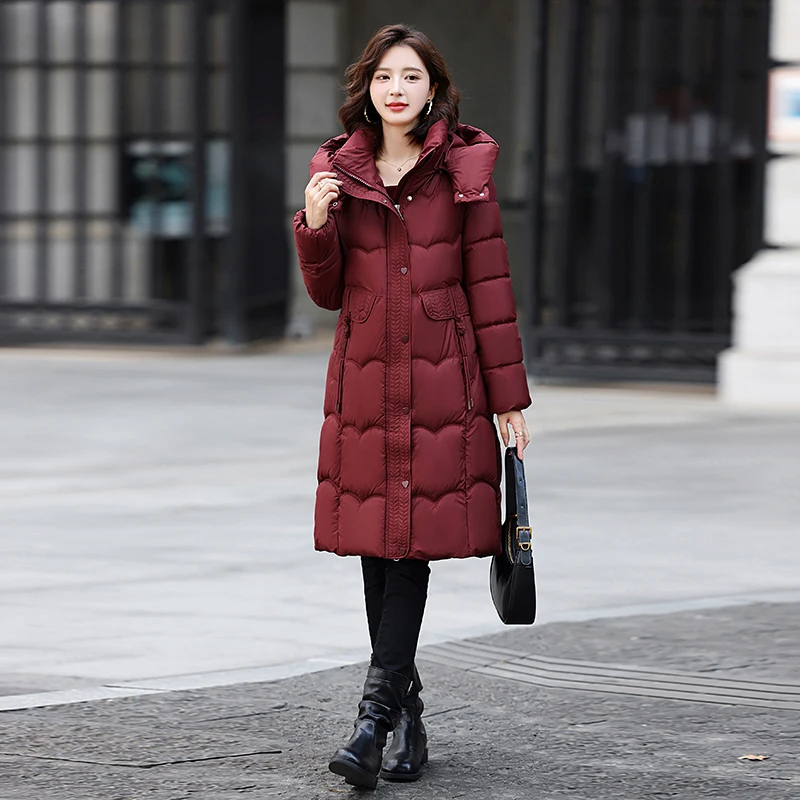 Jaket Wanita Panjang Sedang Berbahan Katun Tebal dengan Model Pelangsing dan Topi yang Dapat Dilepas, Pakaian Luar Musim Dingin dengan Ritsleting Panjang